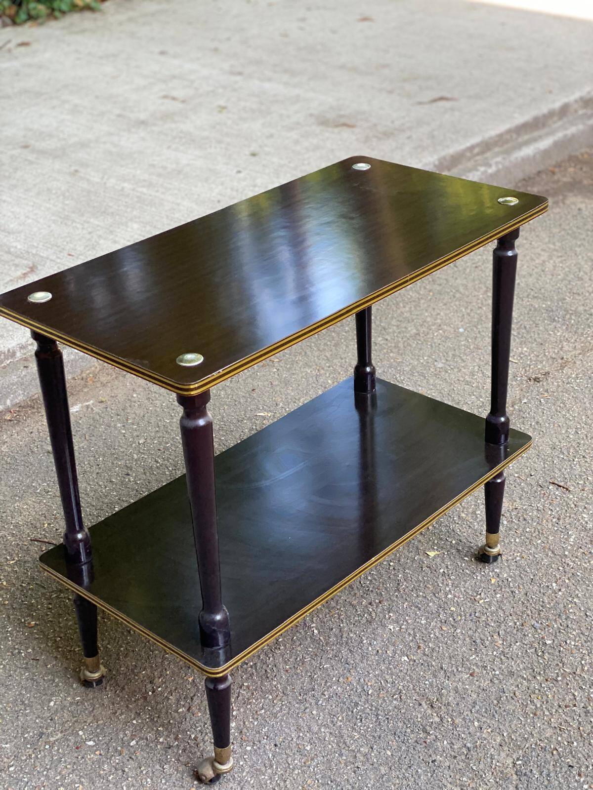 Double-tray rosewood serving trolley on gilded casters