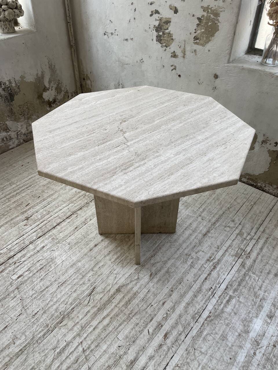 Octagonal travertine coffee table