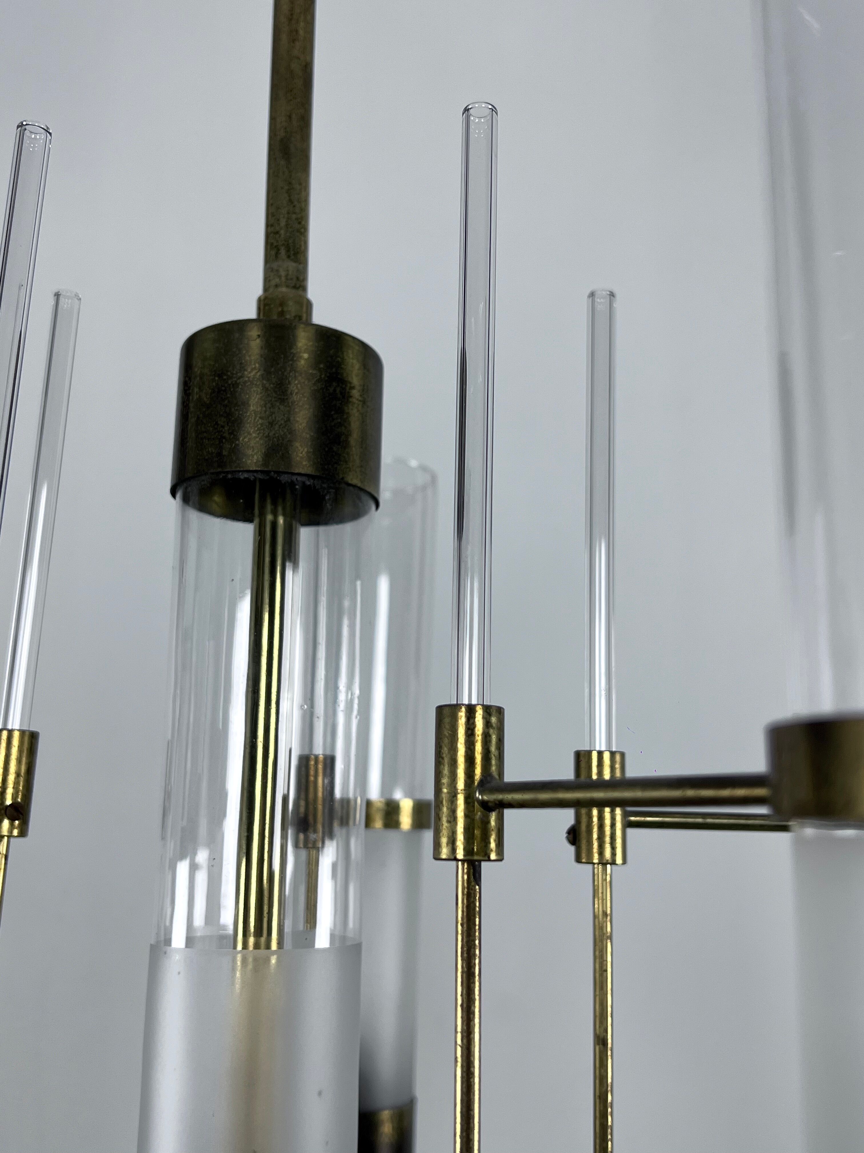 Sciolari, five arms brass and glass tube chandelier. Italy 1960s