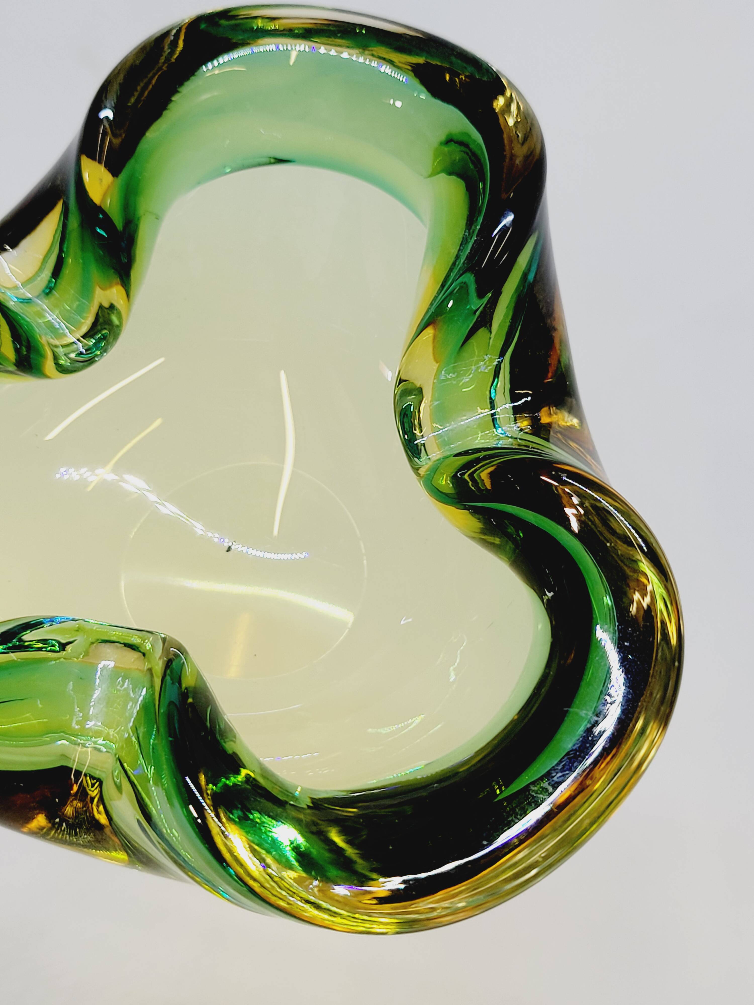 Empty Pocket Cup Ashtray Vintage Murano Glass Sommerso Green and Yellow