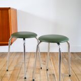 Pair of stools in chrome and bottle green skai, Made in France, Registered Model, 1970