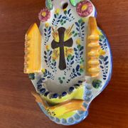 Vintage glazed terracotta holy water font