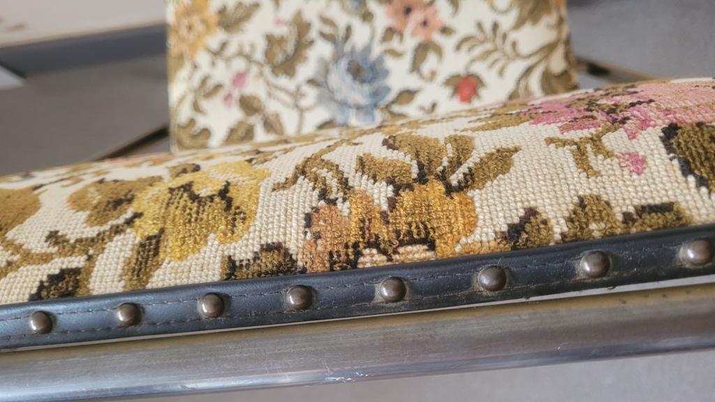 Vintage folding chair lafuma doree and tapestry