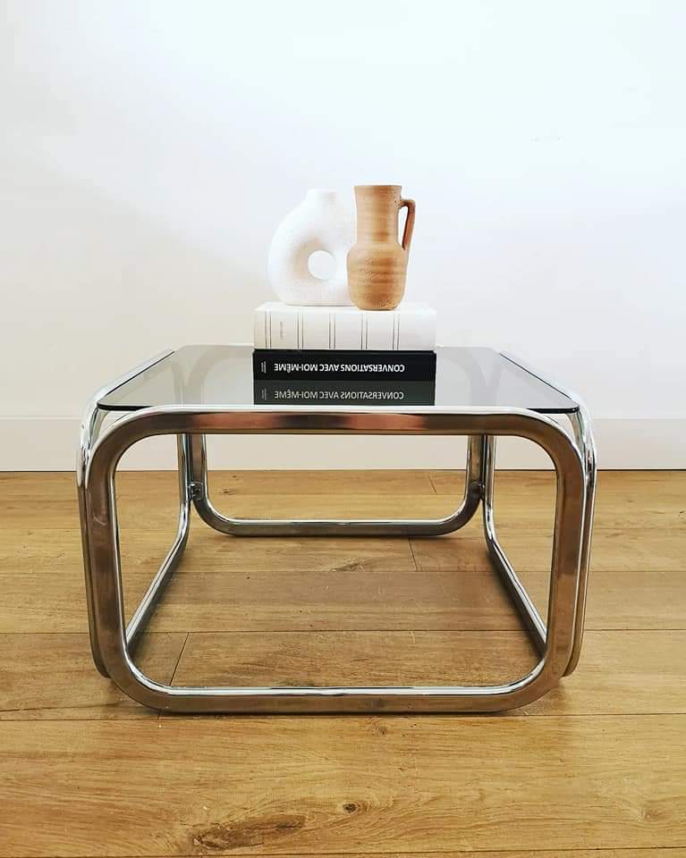 70 sofa end in smoked glass and aluminum base