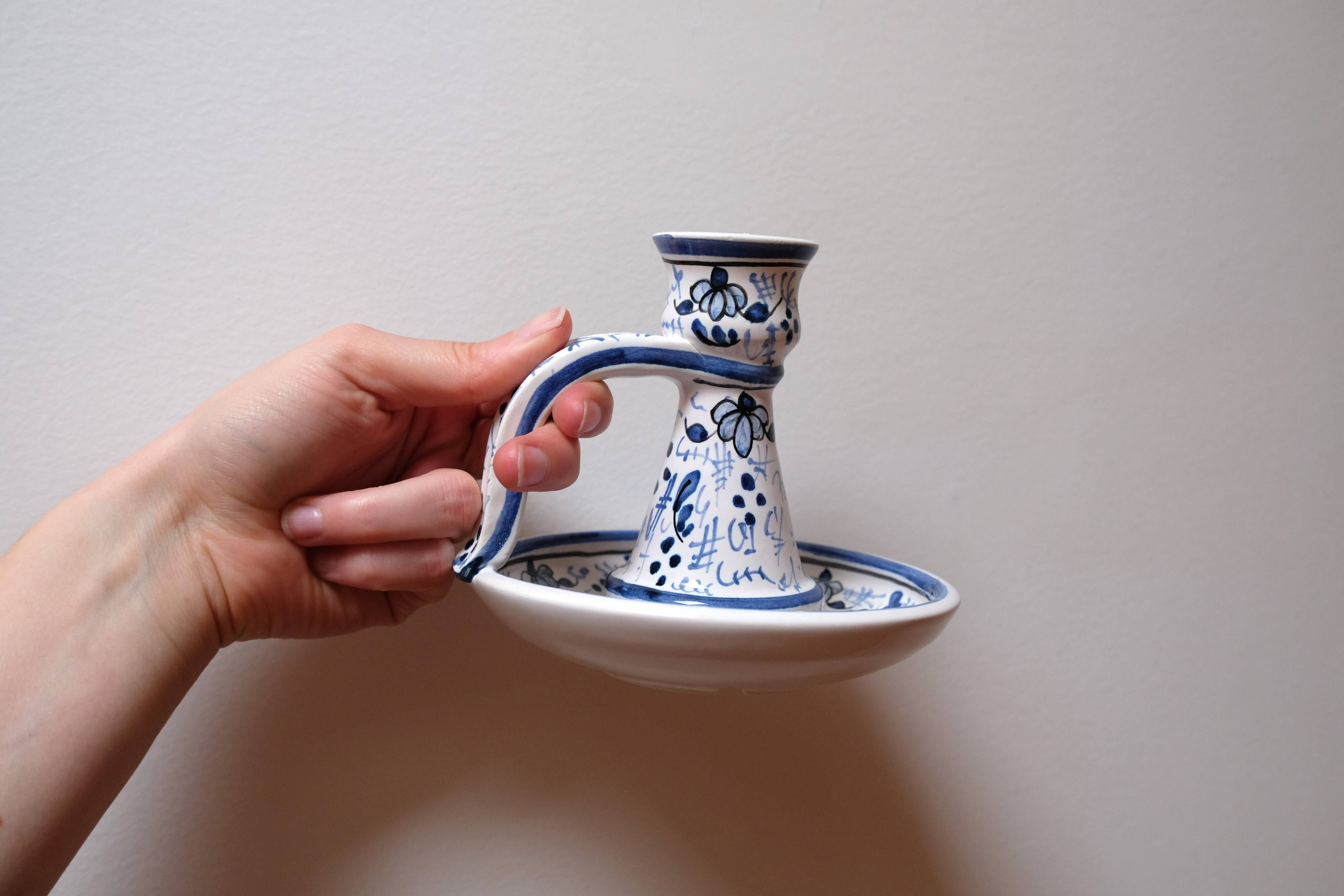 Blue patterned ceramic candle holder