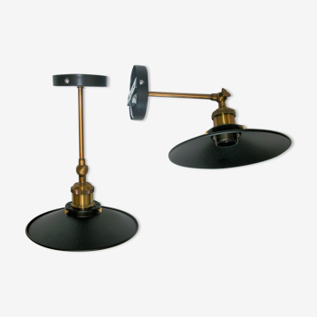 Pair of metal wall lamps in black and gold