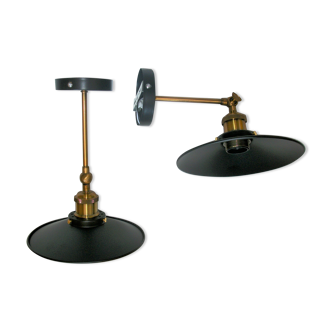 Pair of metal wall lamps in black and gold