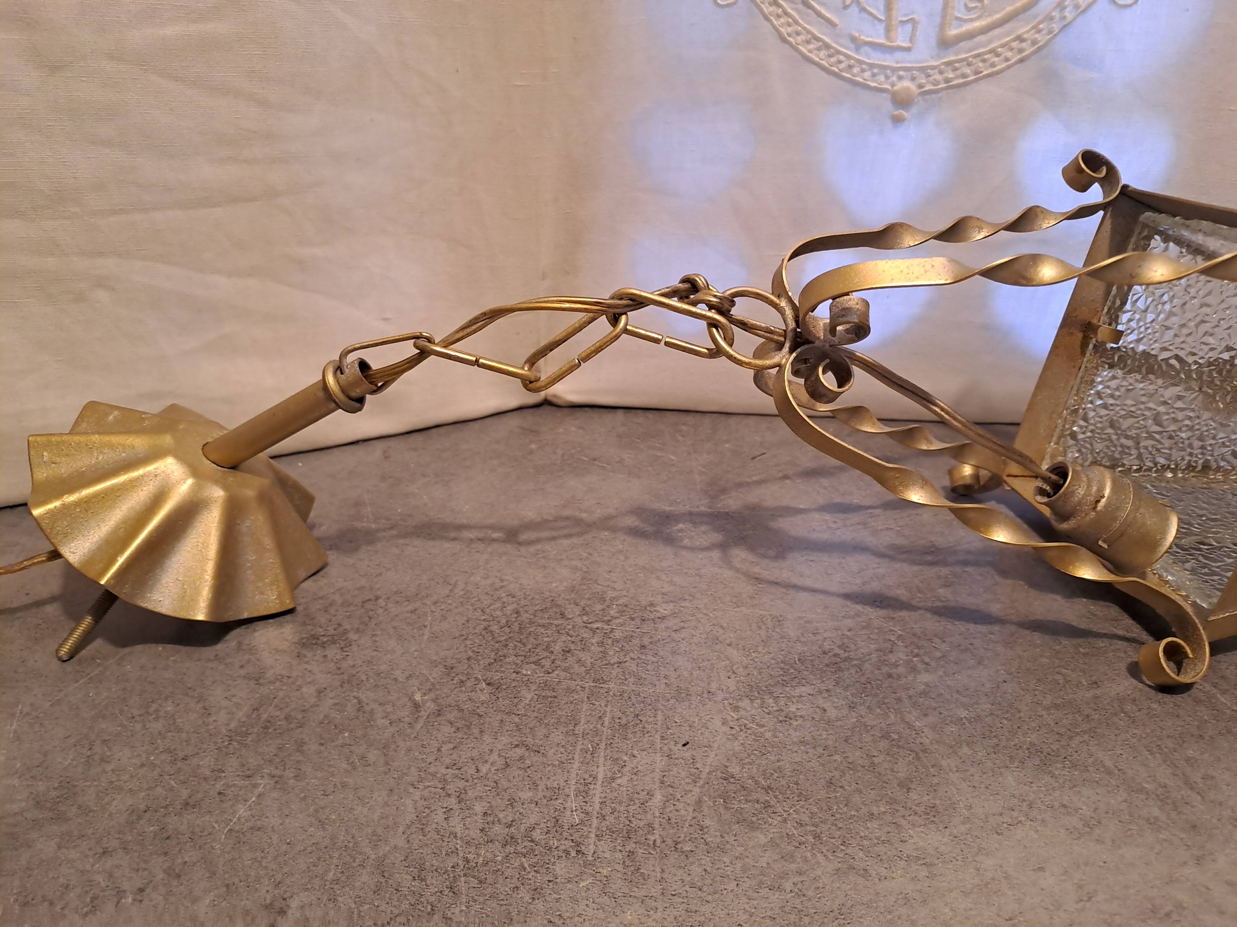 Interior pendant light Lantern ceiling light in gold metal and grained glass 1950 France