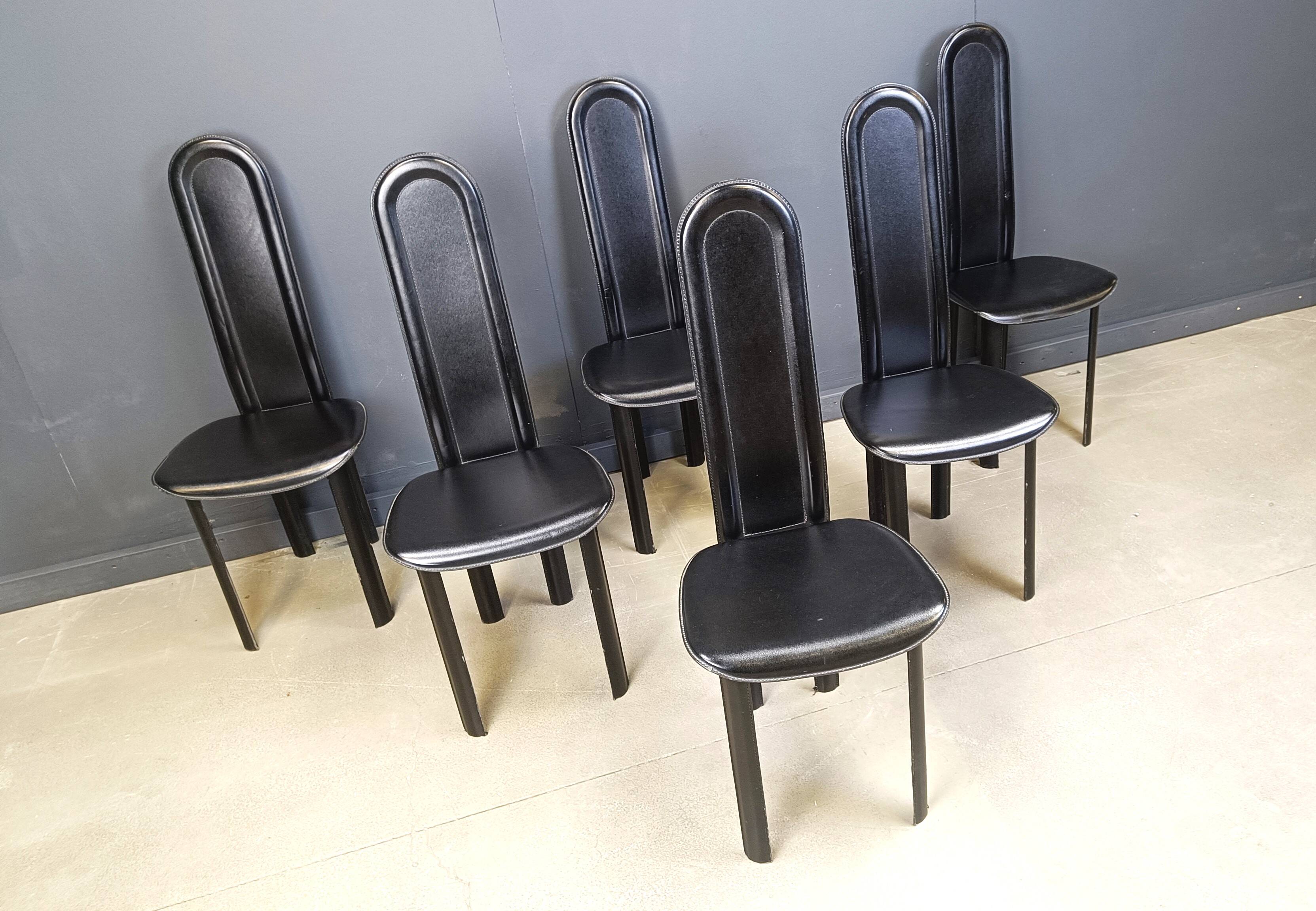 Set of 6 high back leather dining chairs, 1980s