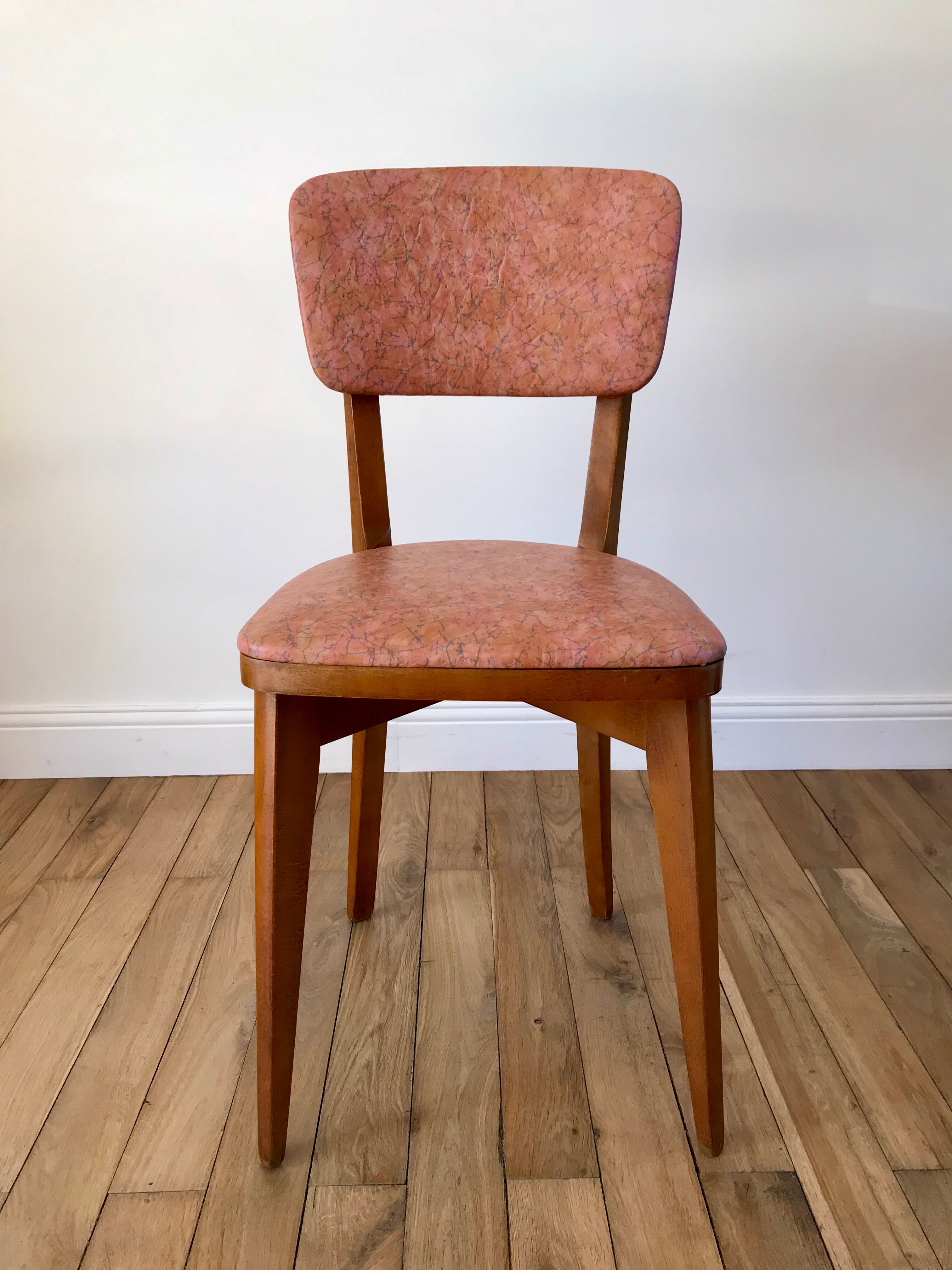 Set of 6 Scandinavian chairs in beech wood and pastel skaï 50s
