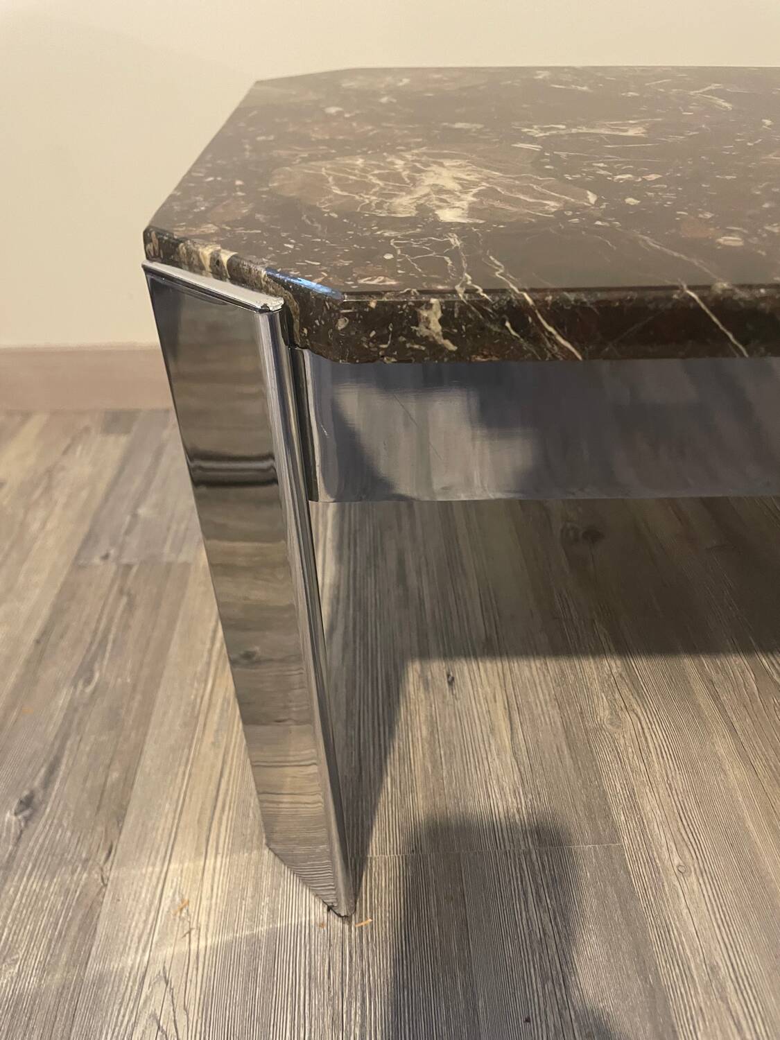 Table basse vintage roche bobois marbre pieds chromé circa 1970s