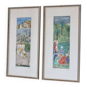 Paire de peintures originales du milieu du siècle « Une journée sous la dynastie d’Orient » - Encadrées