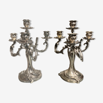 Art nouveau period candlestick pair in silver bronze