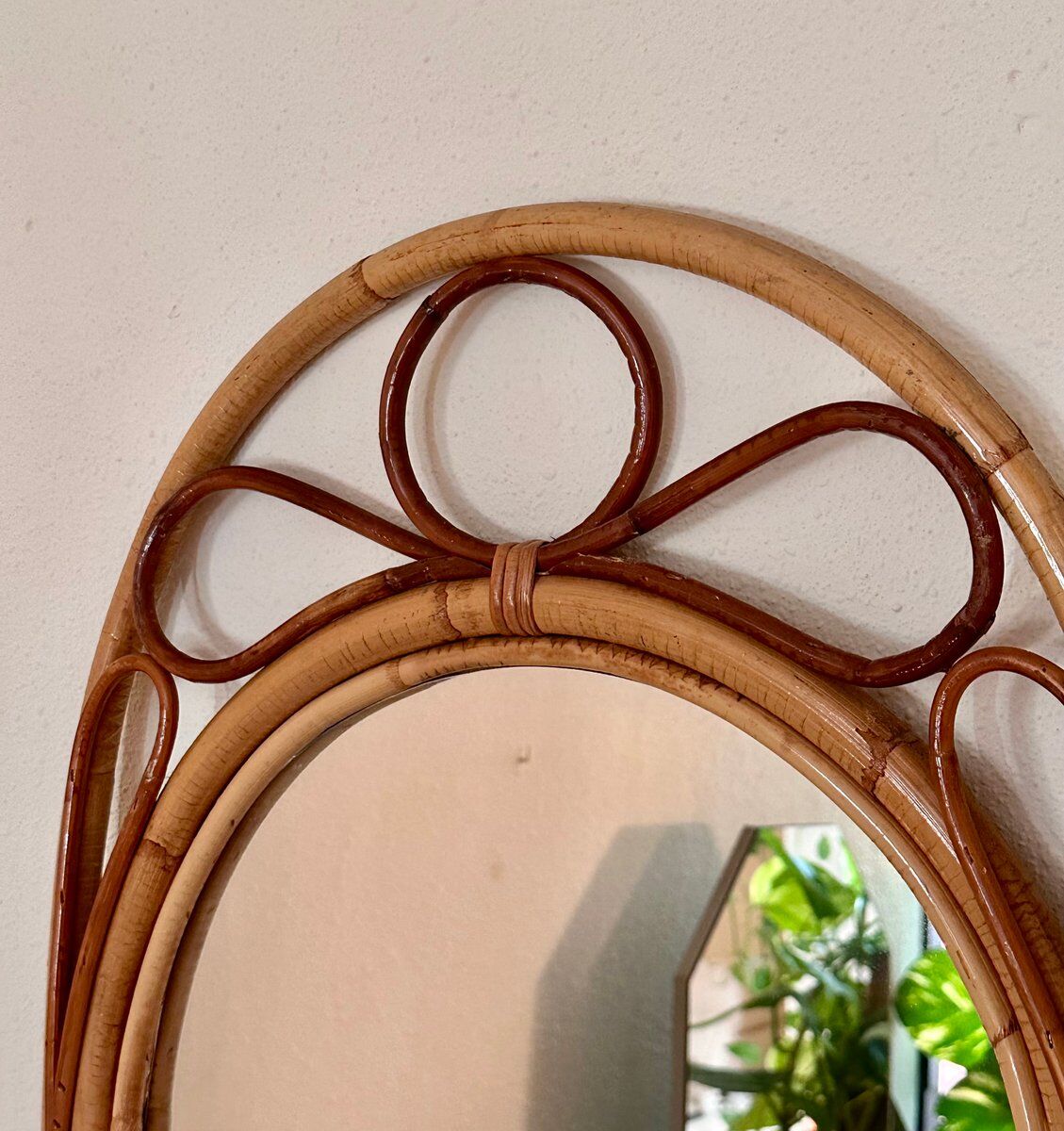Arched Spanish wall mirror in rattan and bamboo, 1960s.