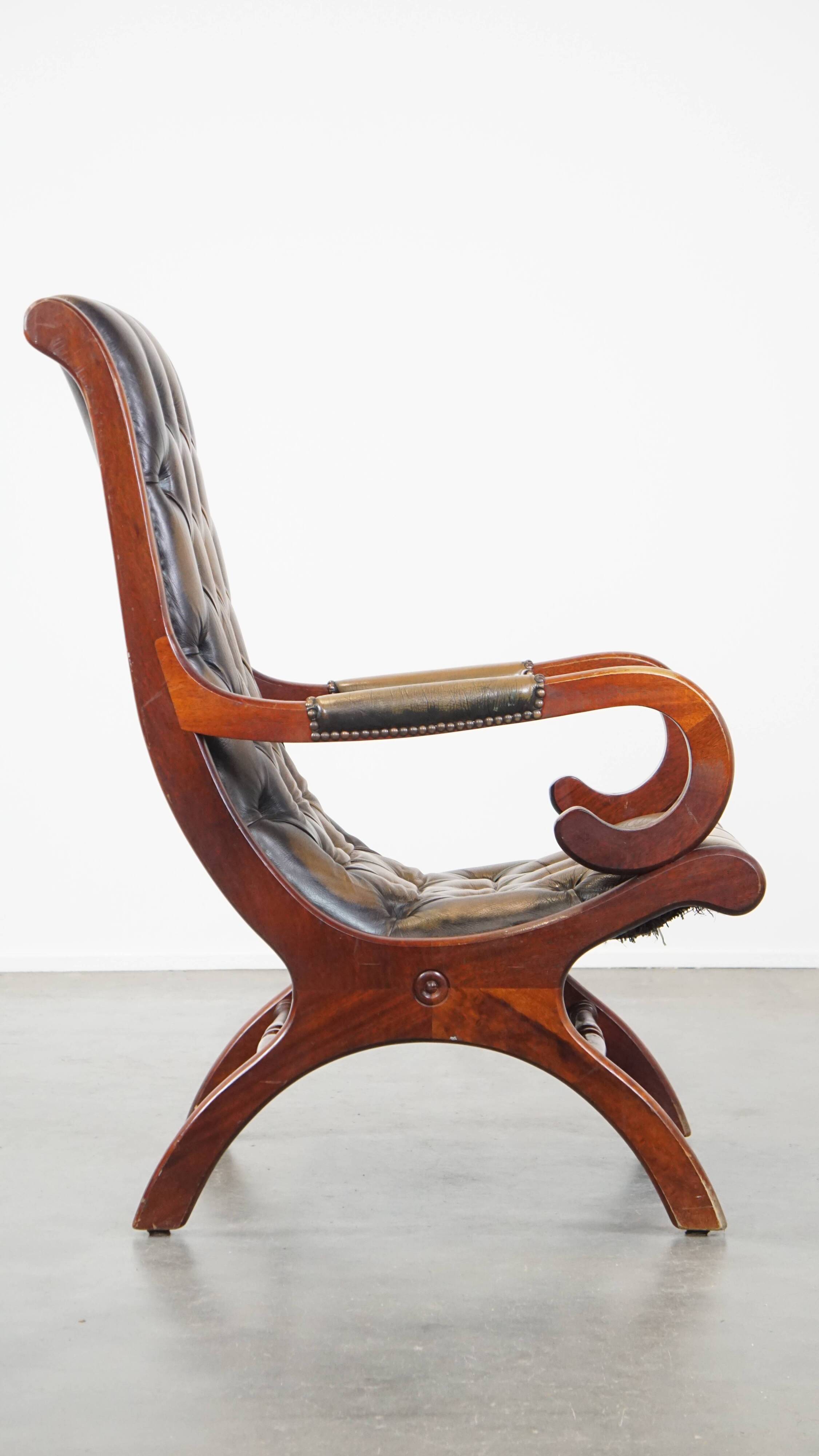 Green Vintage Leather English Chesterfield Armchair Combined with Wood