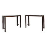 Pair of mahogany and brass consoles, 1970s.