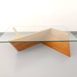 Vintage rectangular coffee table in solid elm and glass from the 80s