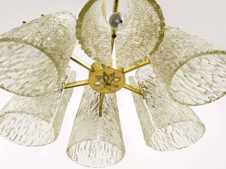J.T. Kalmar Lustre in Brass, with Textured Glass Shade in Cone Shape, Austria, 1950