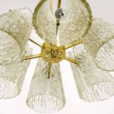 J.T. Kalmar Lustre in Brass, with Textured Glass Shade in Cone Shape, Austria, 1950