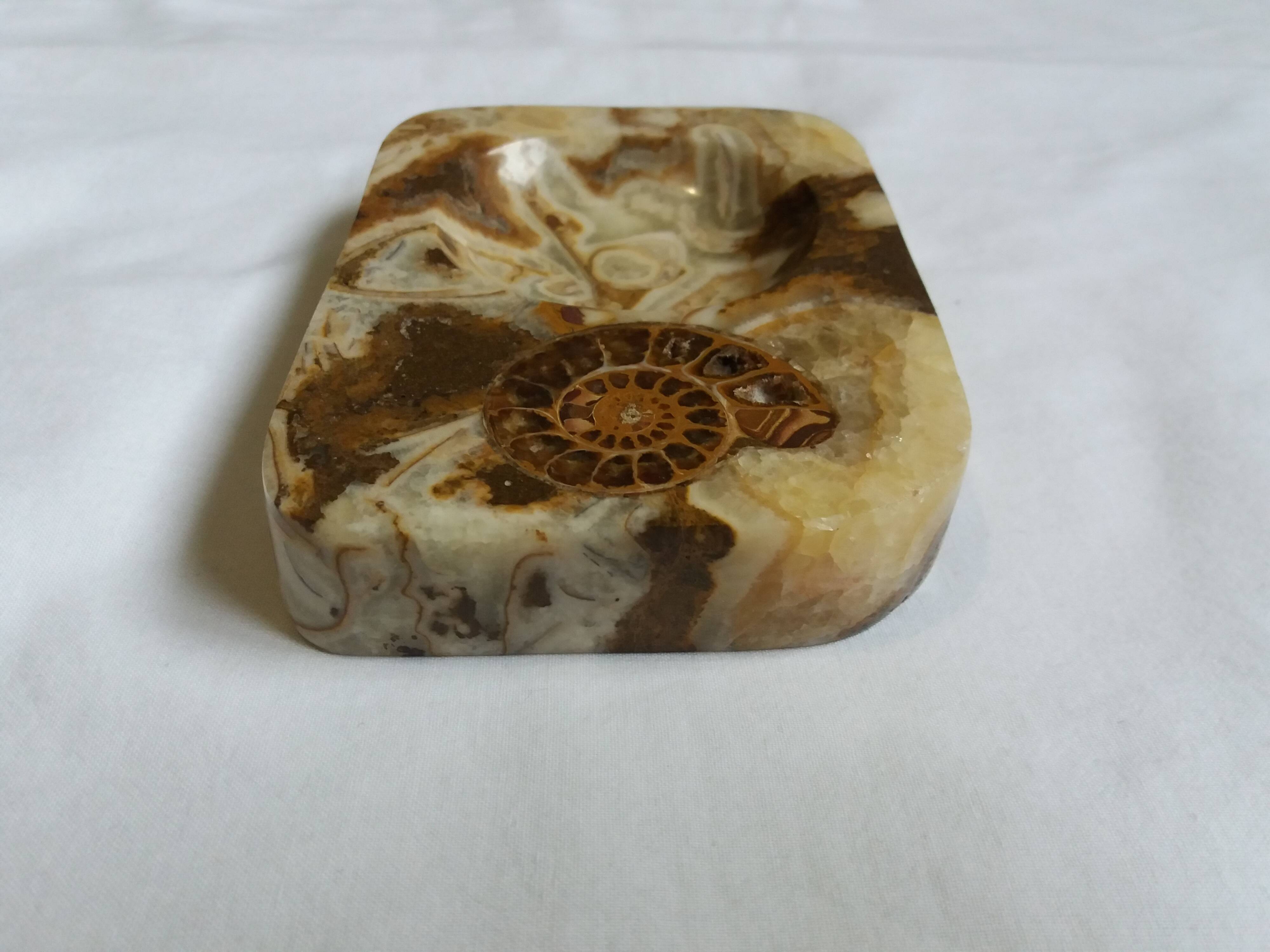 Marble pocket ashtray with fossil ammonite