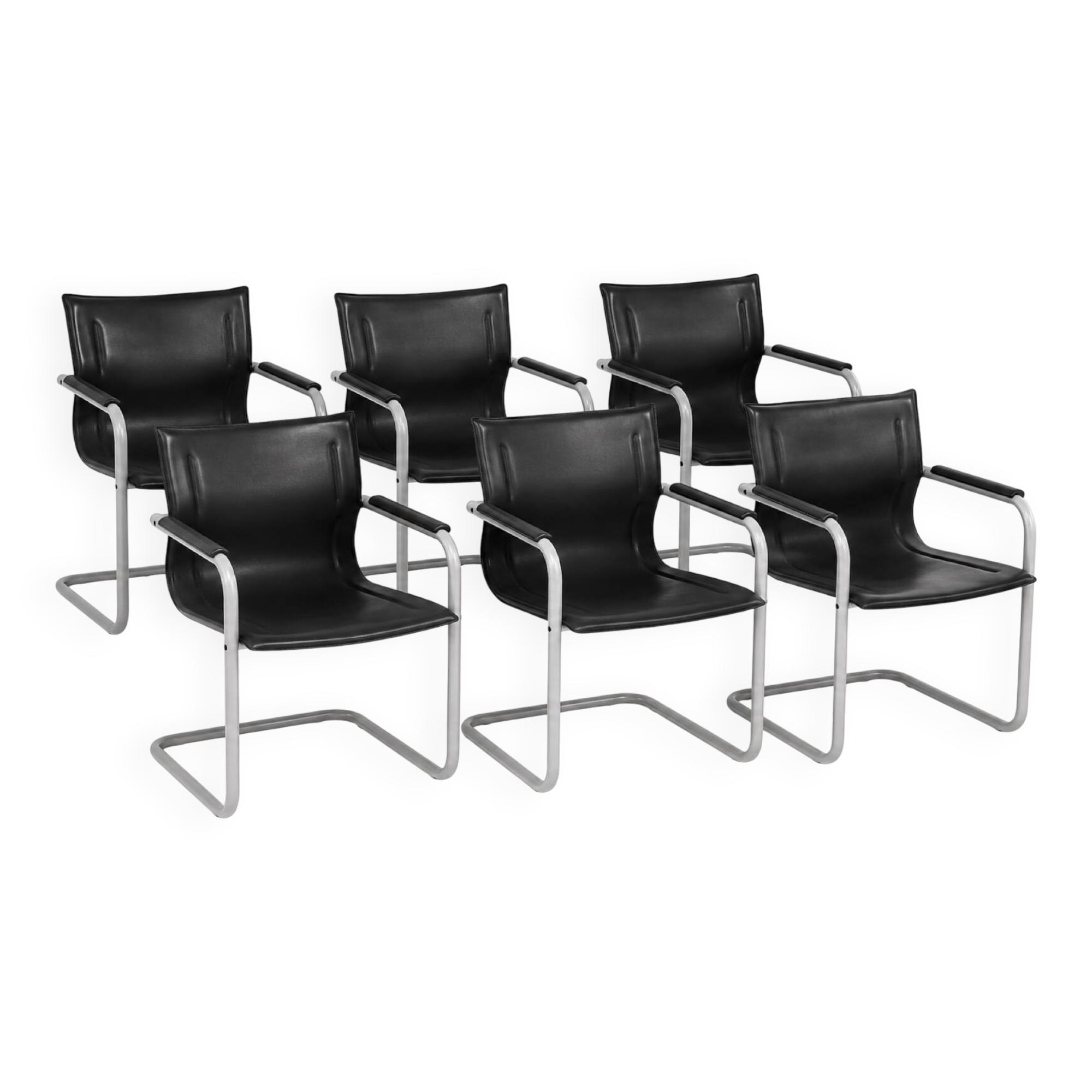 Set of 6 Matteo Grassi armchairs in black leather, Italy, 1980s.