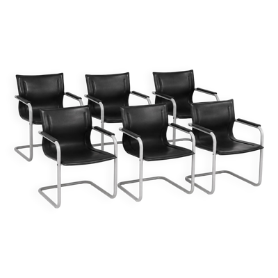 Suite de 6 fauteuils Matteo Grassi en cuir noir, Italie, années 1980