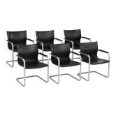 Suite de 6 fauteuils Matteo Grassi en cuir noir, Italie, années 1980