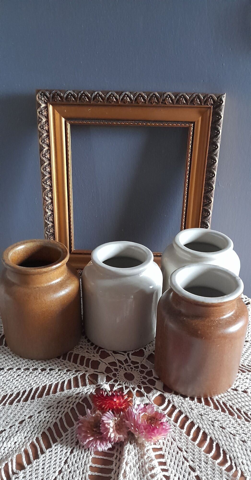 4 old stoneware mustard pots, lab Lagny, vintage France circa 1950/1960