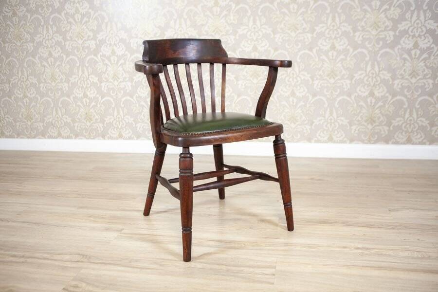 Early-20th Century Beech Desk Chair with Leather Seat, 1950s