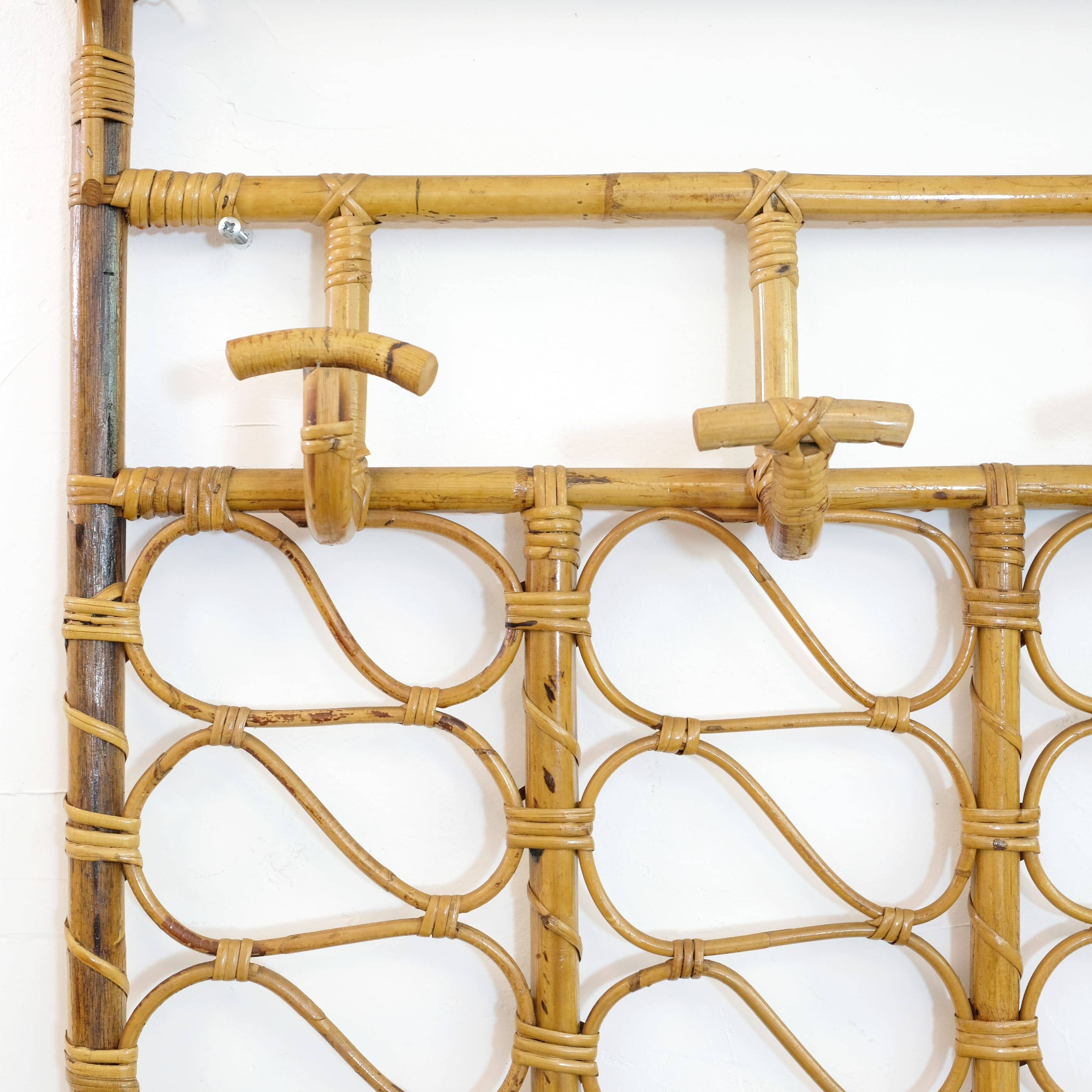 Large rattan wall coat rack, Italy, 1960s.