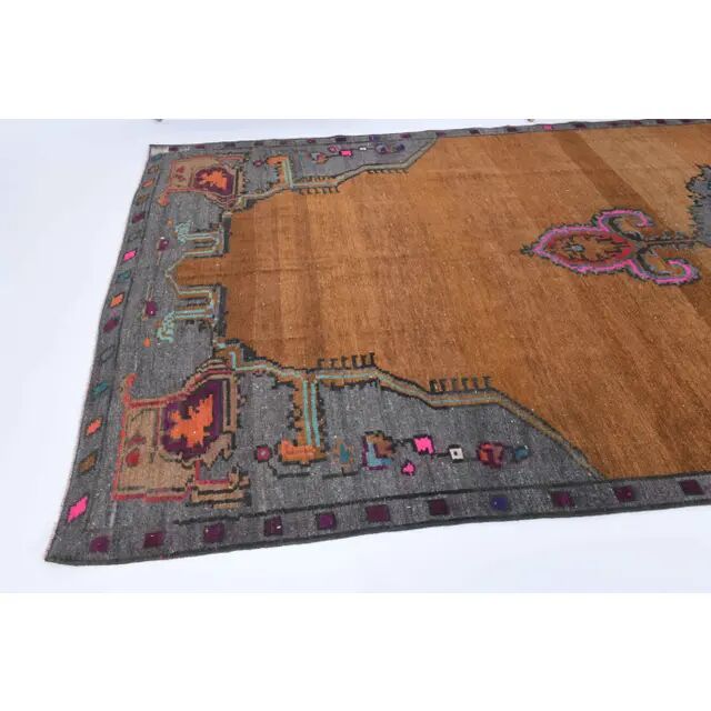1970s Vintage Turkish Oushak Handmade Wool Cotton Brown Runner Rug 178x448