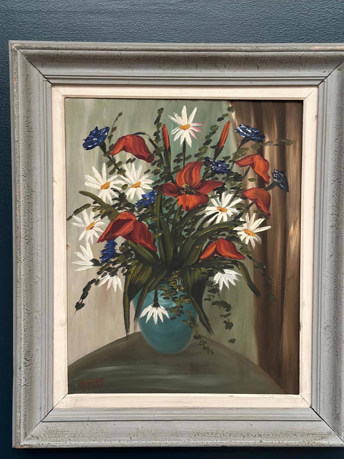 Huile sur panneau d'origine – “Bloomer” par Hartiviq – Datée de 1954 – Vintage et encadrée – 57 × 66 cm (22,4" × 26")