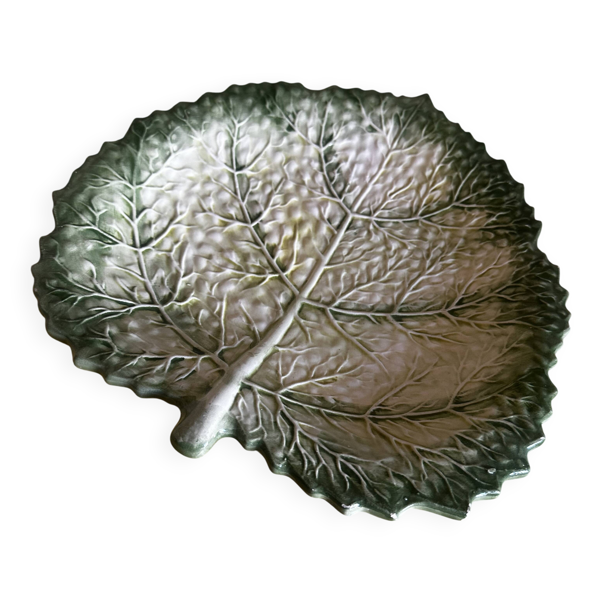 Empty Pocket / Basket / Ceramic Dish Barbotine Cabbage Leaf signed GV