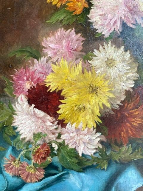 Ancient painting, dead nature with dahlias, signed, dated, late 19th century