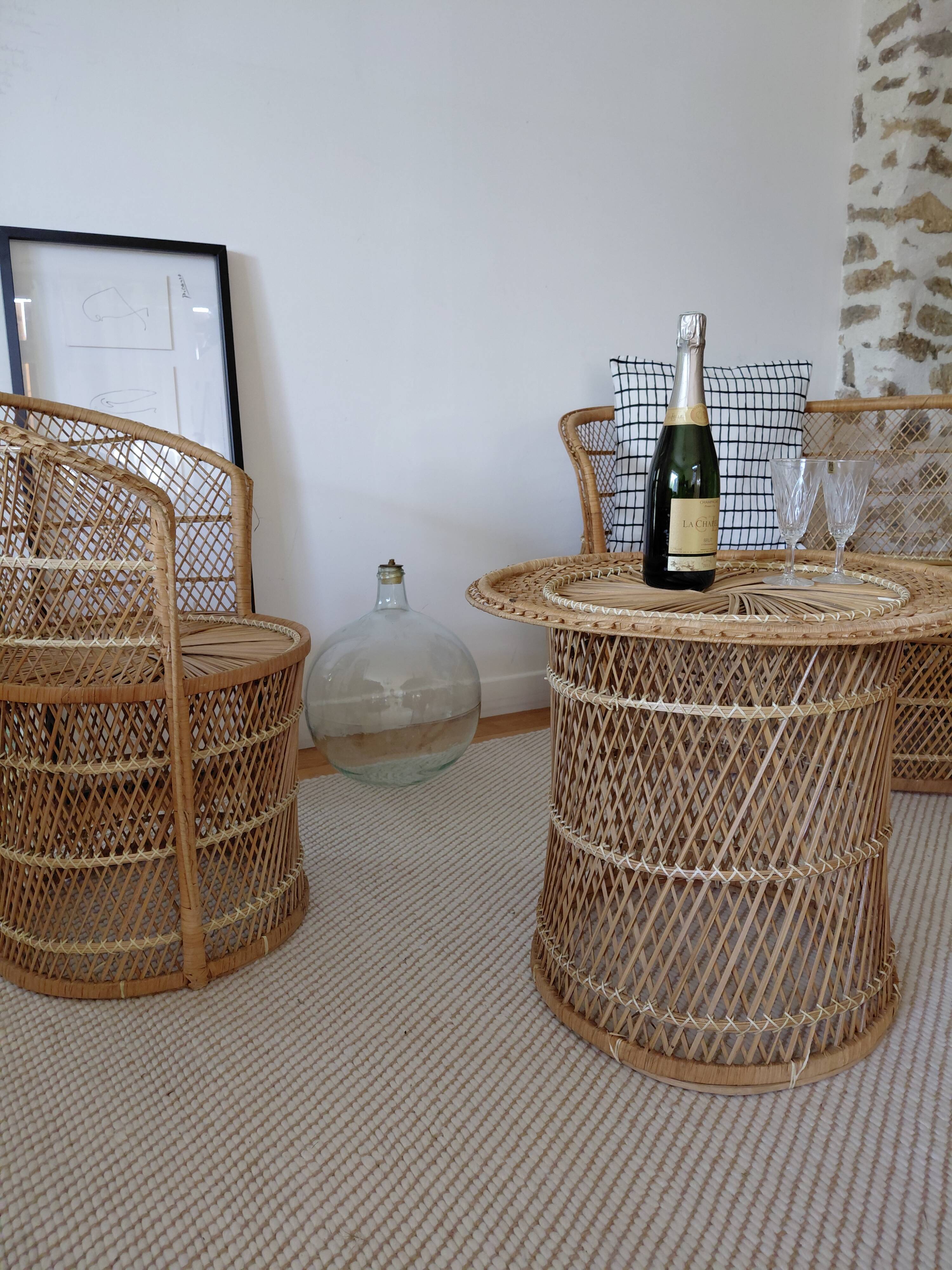 Vintage garden furniture in wicker rattan 1960 - complete 4-piece set