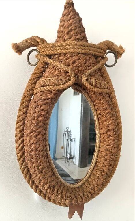 Audoux Minet vintage rope and leather designer mirror, 1950s