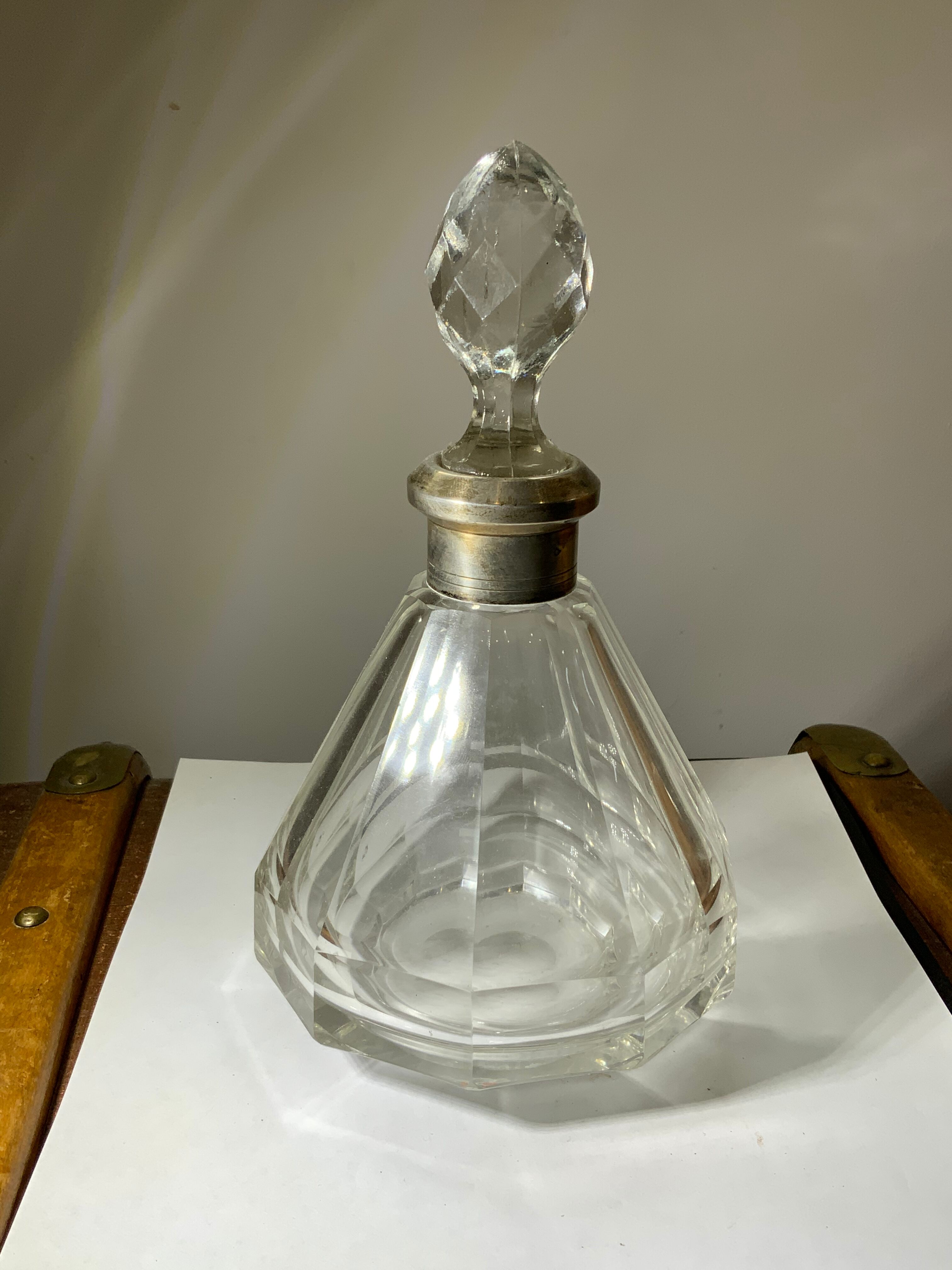 Antique crystal bottle with art deco hallmarked silver neck with facets