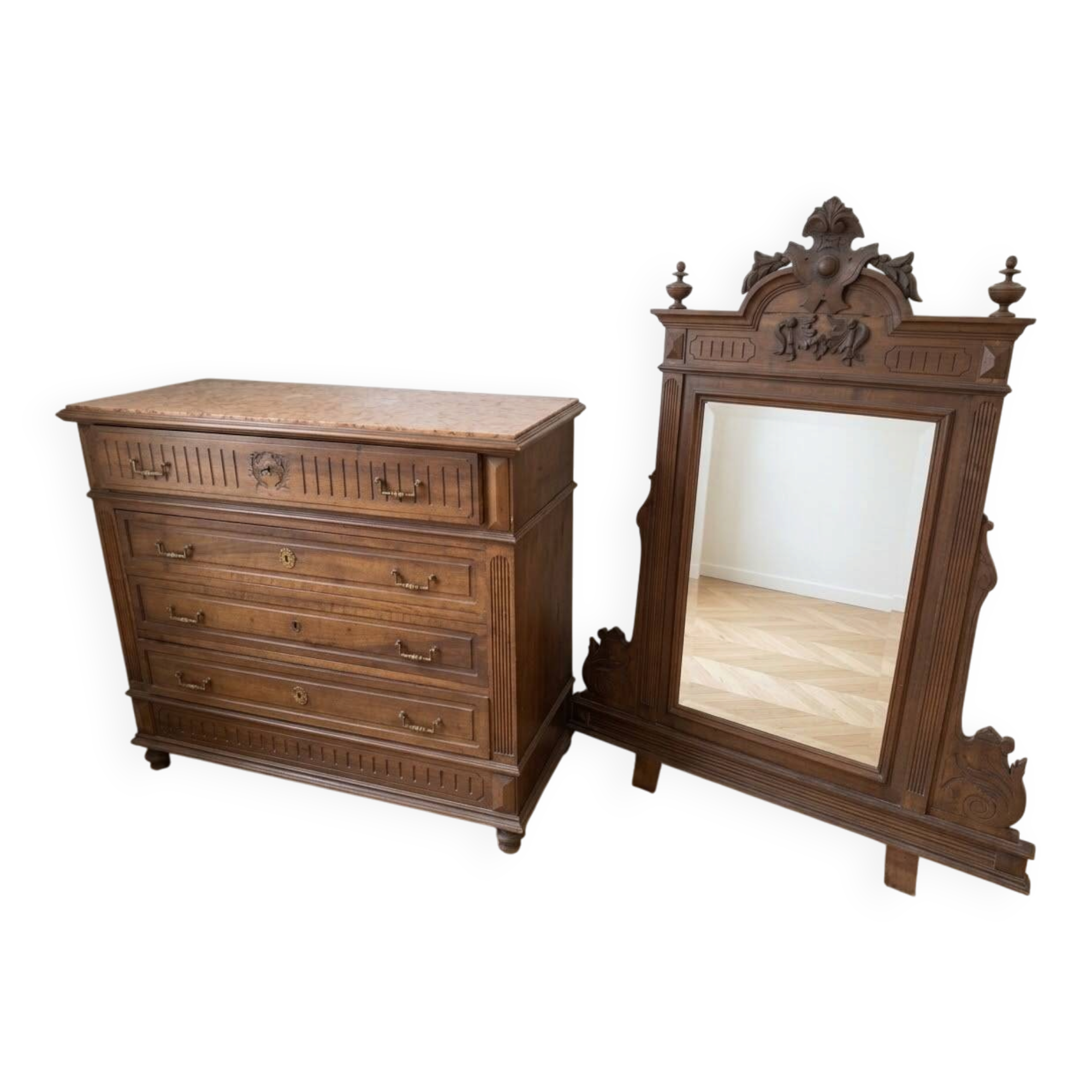 Antique wooden commode with marble top and mirror.