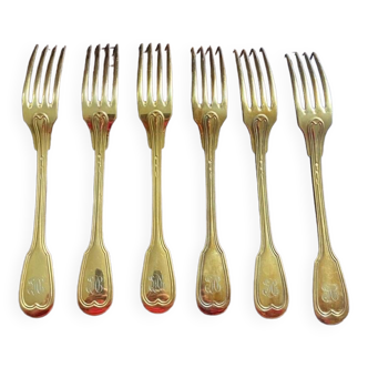 6 Christofle dessert forks gilded metal hallmarked with scales 1844-1935