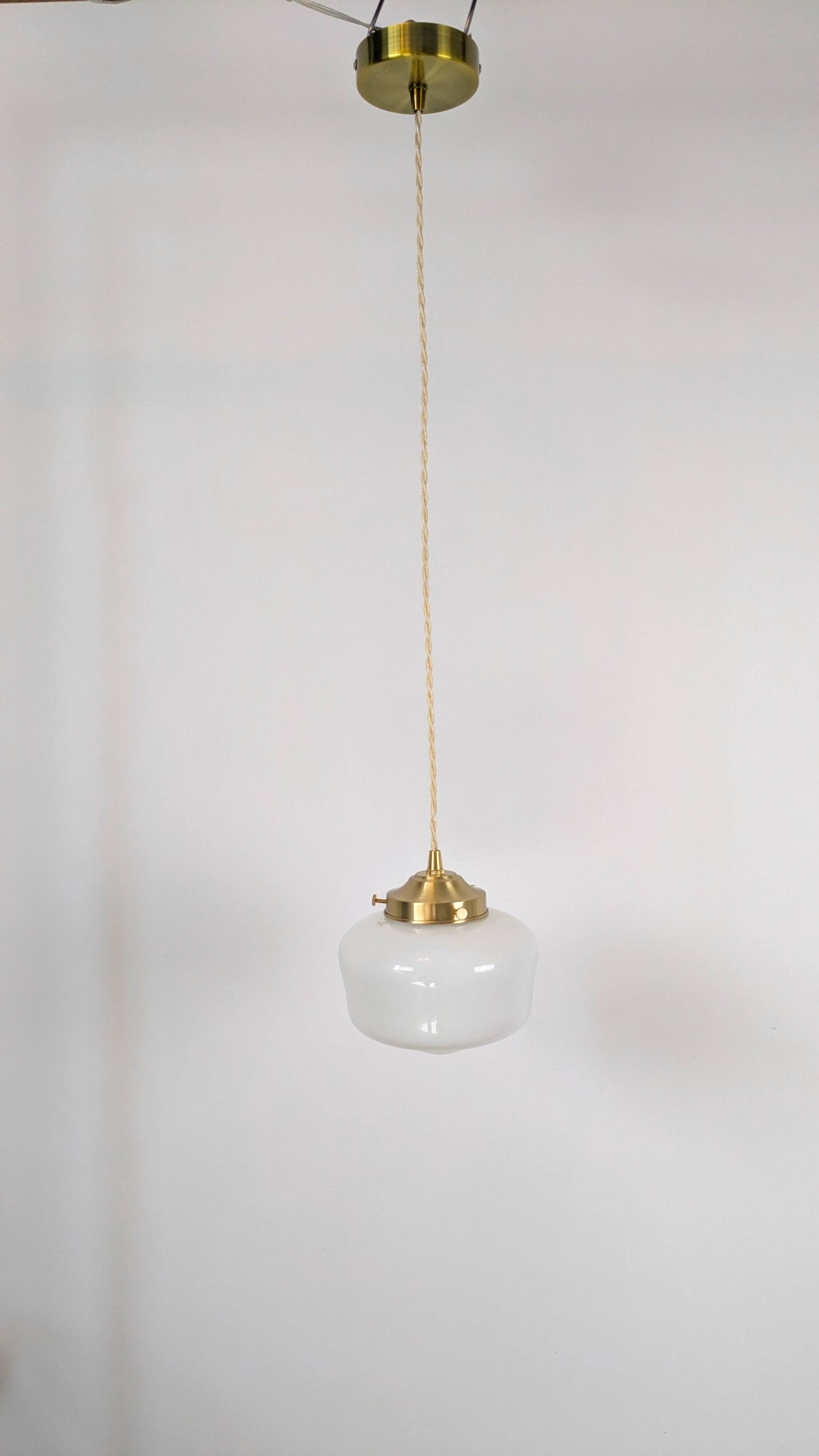 Antique opaline and brass pendant light – vintage globe 15 cm