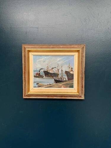 Oil on Canvas “Ships” by Josef Lang, Signed, Vintage & Framed 40×34cm