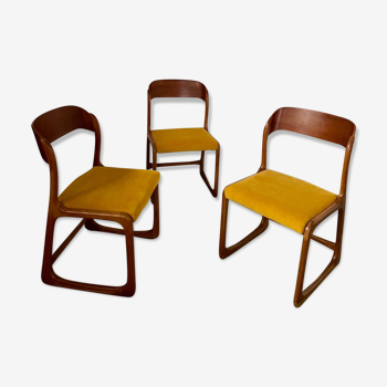 Lot de 3 chaises traineau Baumann en bois et tissu jaune moutarde, années 60