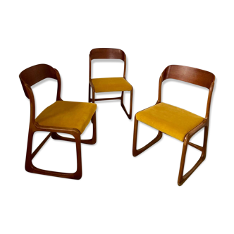 Set of 3 old Baumann designer sled chairs from the 60s in wood and mustard yellow fabric