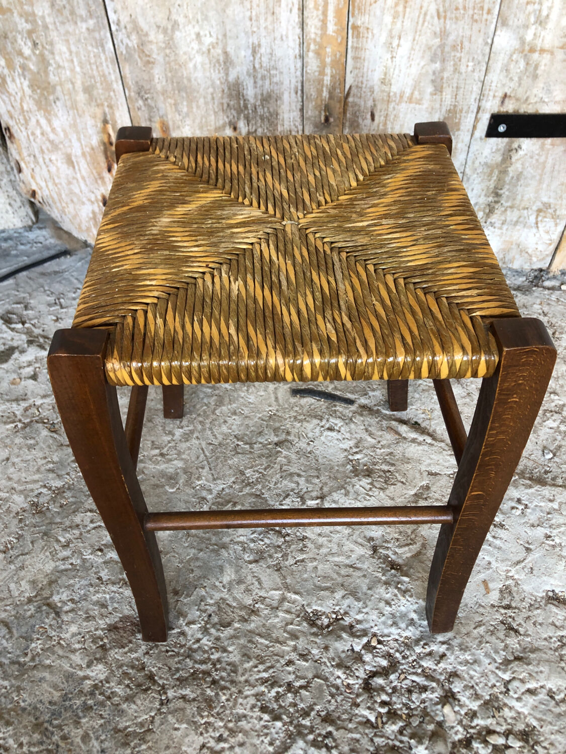 Wooden stool + vintage woven straw seat