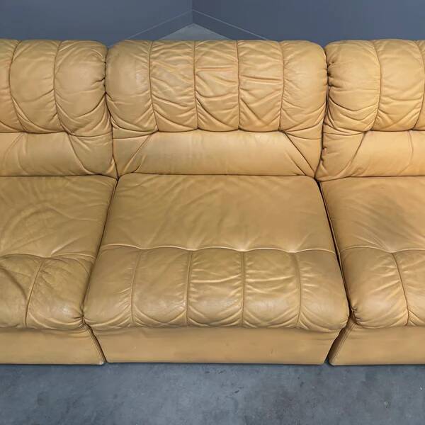 Yellow leather lounge sofa by Laauser, 1970s