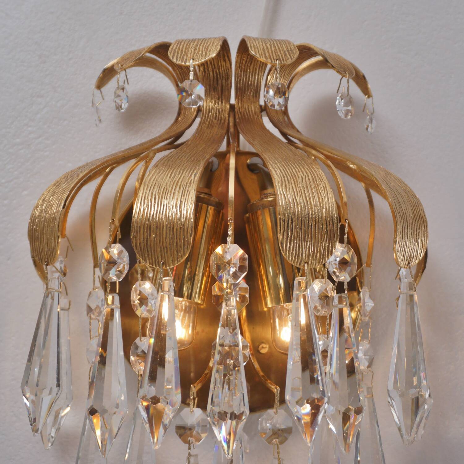 Palwa crystal pair wall lights sconces by Ernst Palme, brass pineapple, 1960`s, German