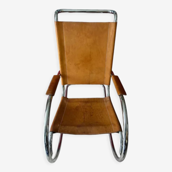 Rocking chair " FASEM ", made in italy, 60s, Havana leather, chrome, vintage