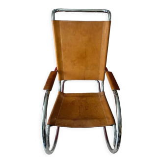 Rocking chair " FASEM ", made in italy, 60s, Havana leather, chrome, vintage