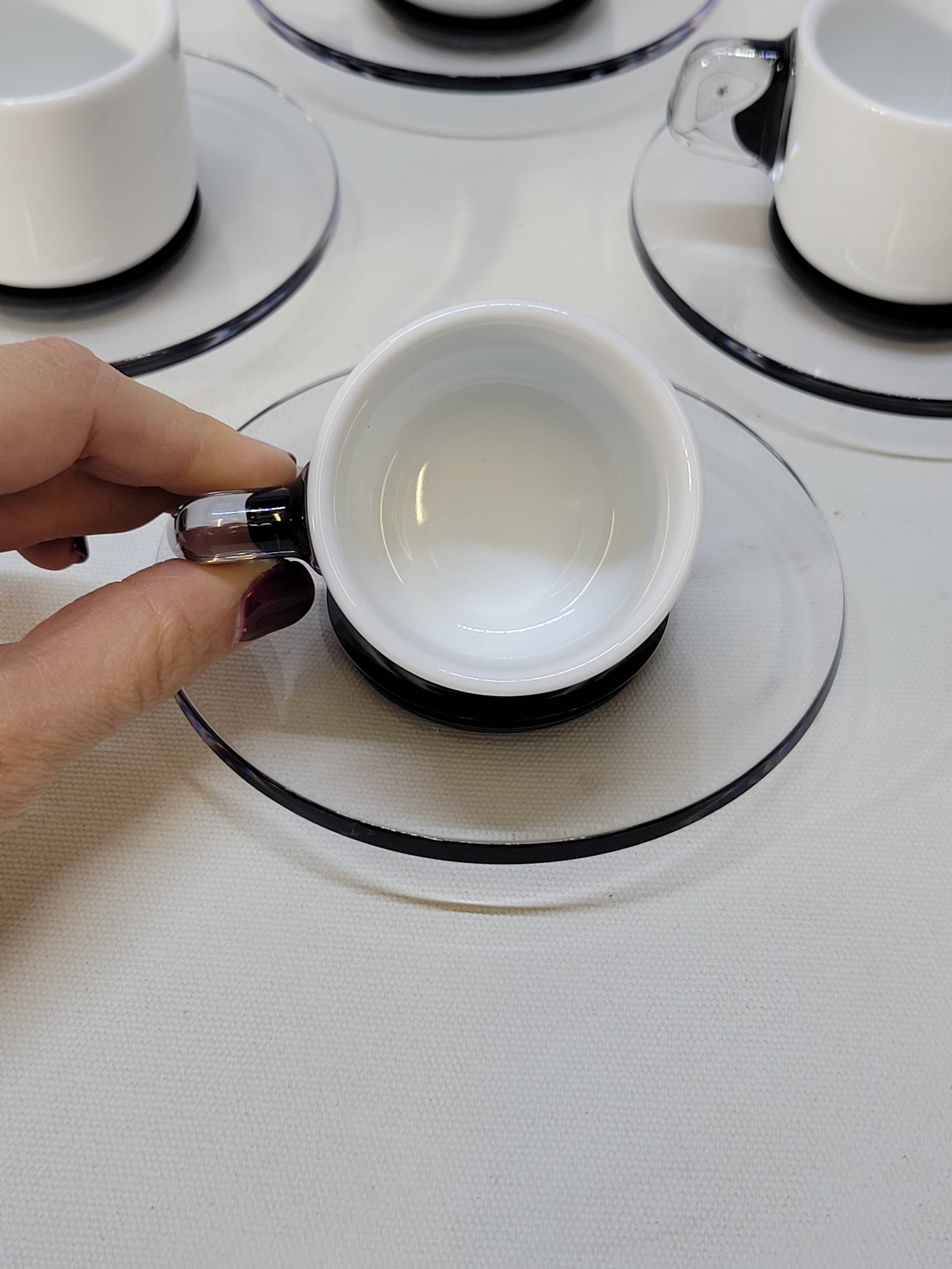 Guzzini Coffee Set 6 Porcelain Espresso Cups and 6 Plexiglas Saucers