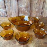 Salad bowl and raviers in tempered glass Vereco amber brown